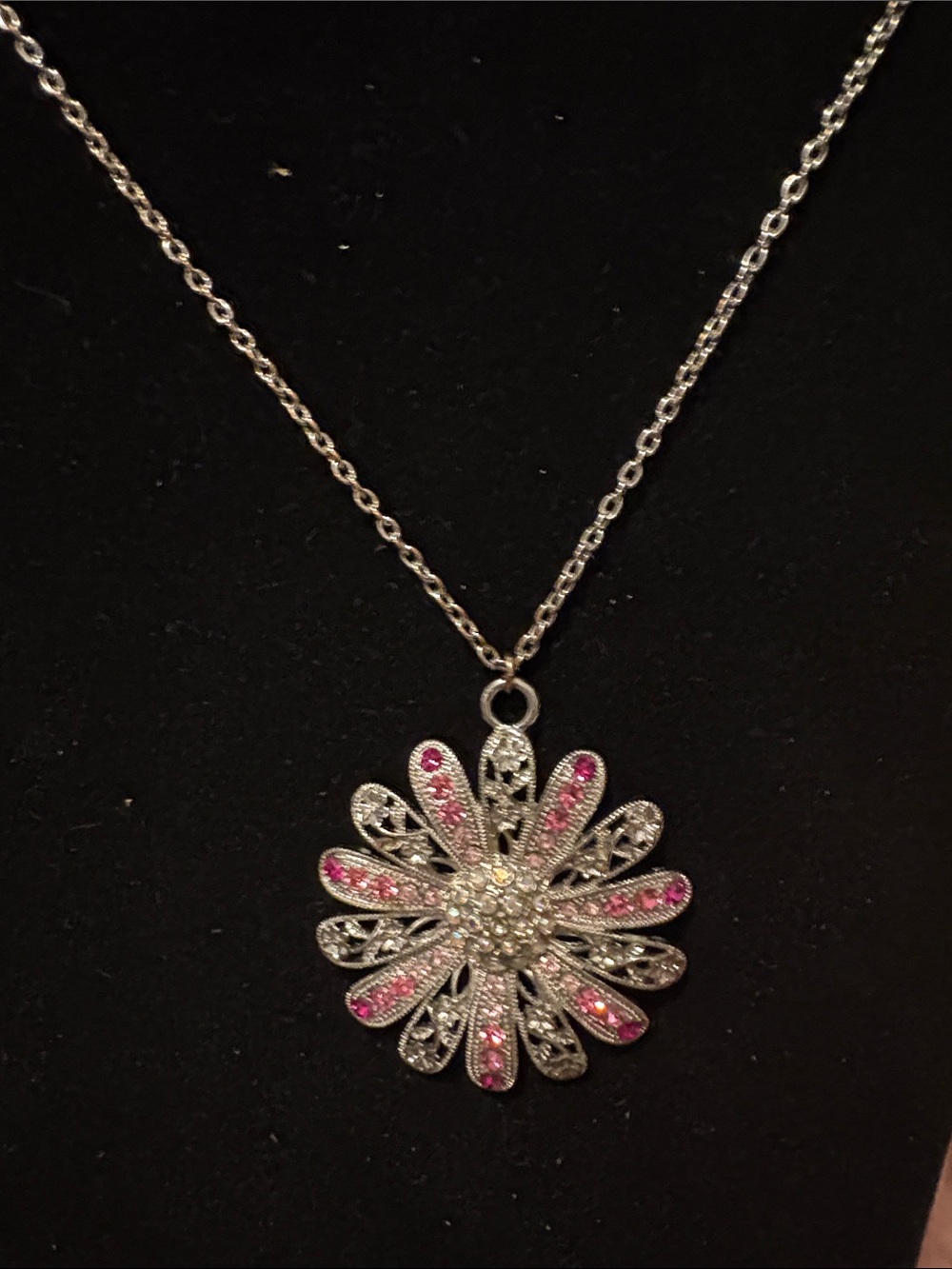 Silver Floral Pendant Necklace with Pink Accents